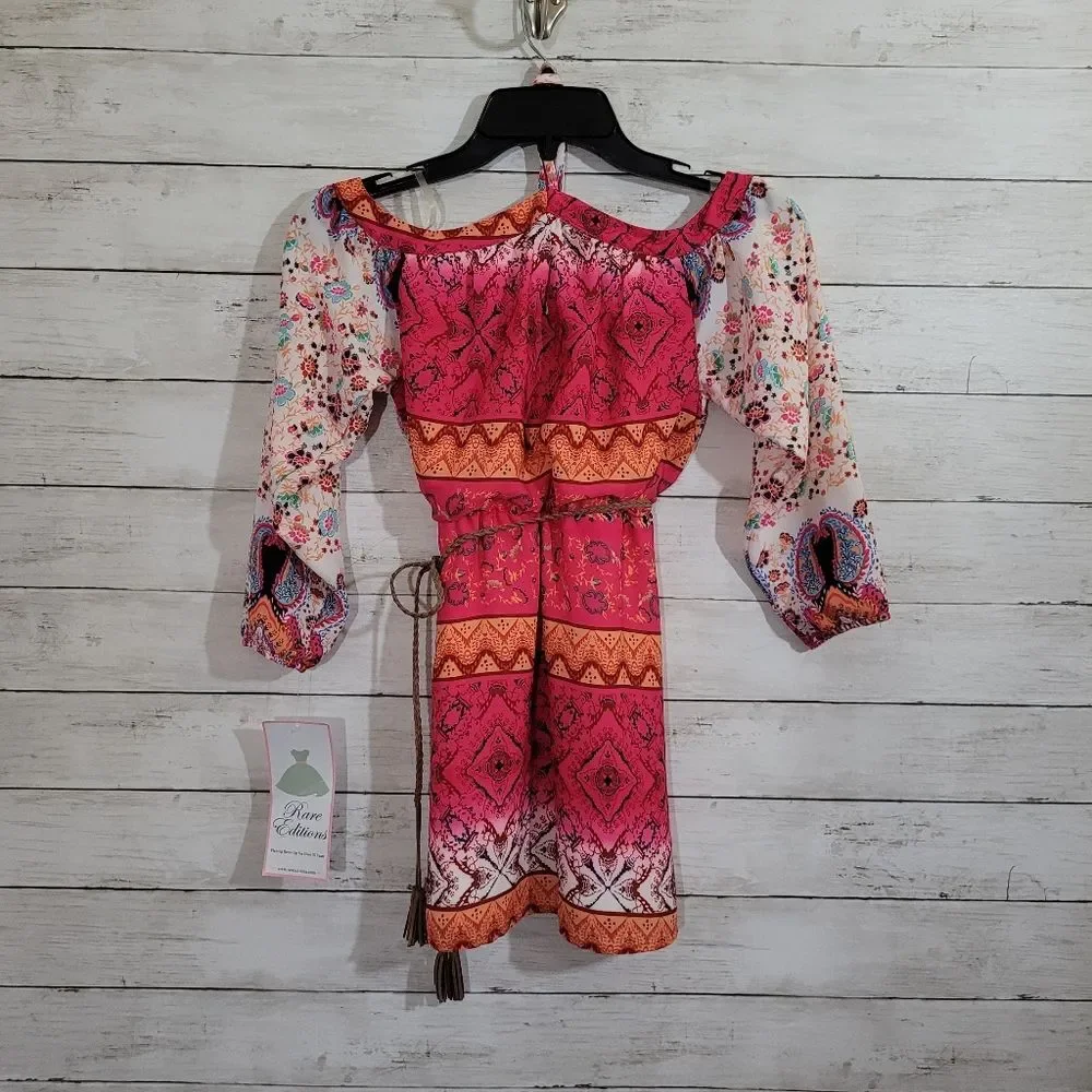 Girls Rare Editions Boho Chic Aztec Design‎ Fuchsia Floral Cold-Shoulder Dress 7